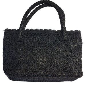 Crochet Overlay Purse Bag Black Floral Double Handle Mini Handbag New Years